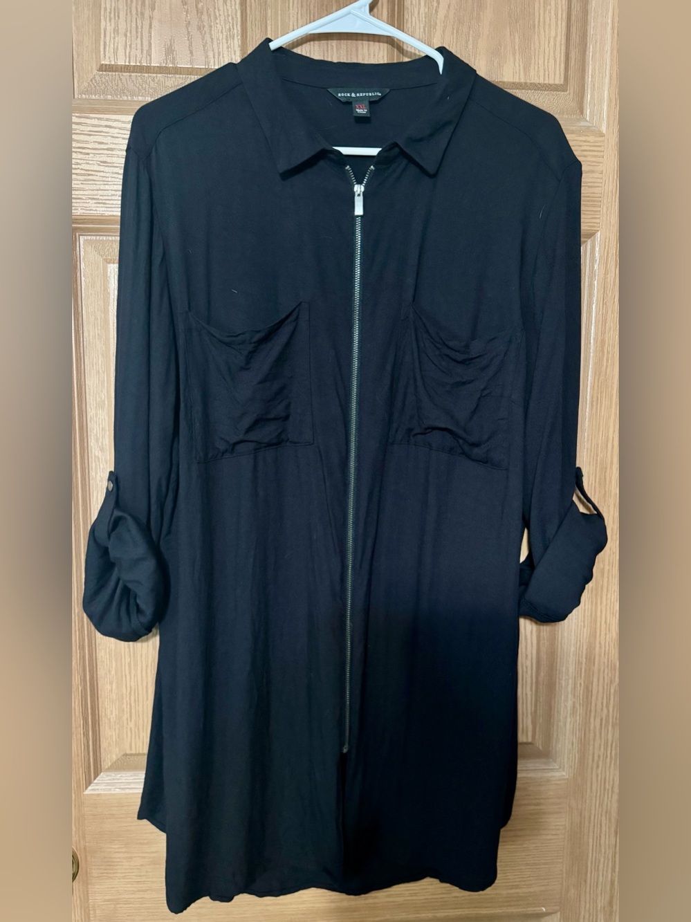 Rock & Republic Black Zip-Front Long Sleeve Tunic Style  Shirt XXL